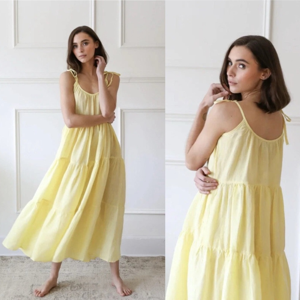 NWT Mille Resort & Travel Elegant Yellow Tiered Linen Dress